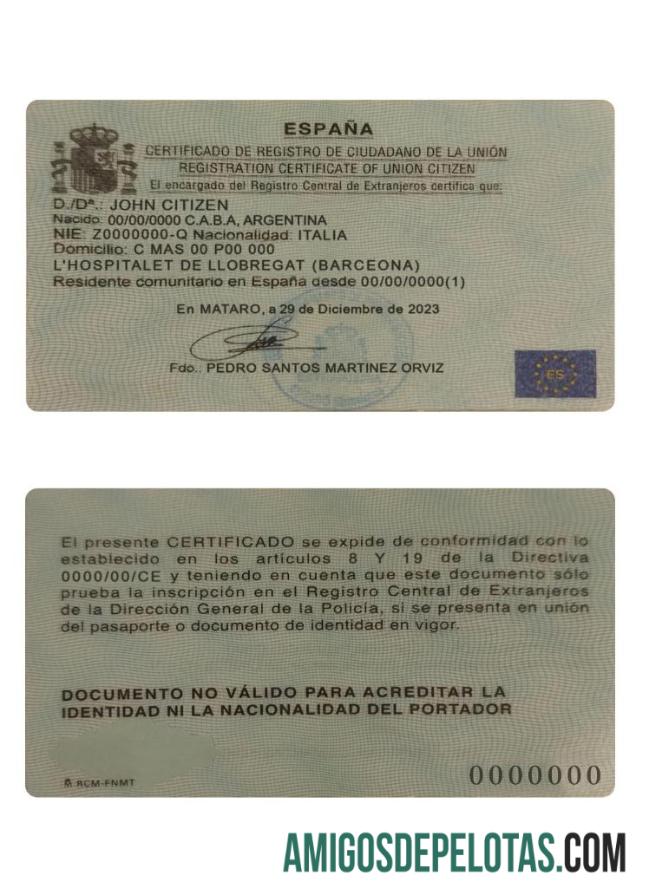 Certificado de Registro de Cidadão da União na Espanha exemplo real